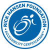 Blue circle with a white graphic of a someone using a wheelchair. The words Rick Hansen Foundation Accessibility Certification are around the circle.